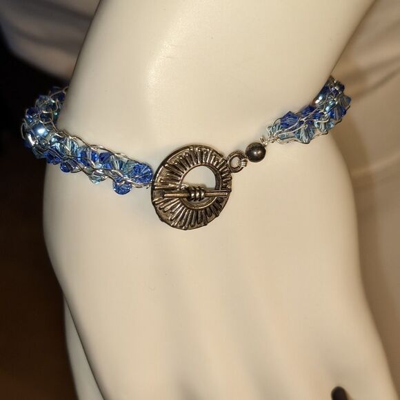 Silver wire & blue clear diamond bead box link bracelet - Picture 1 of 5